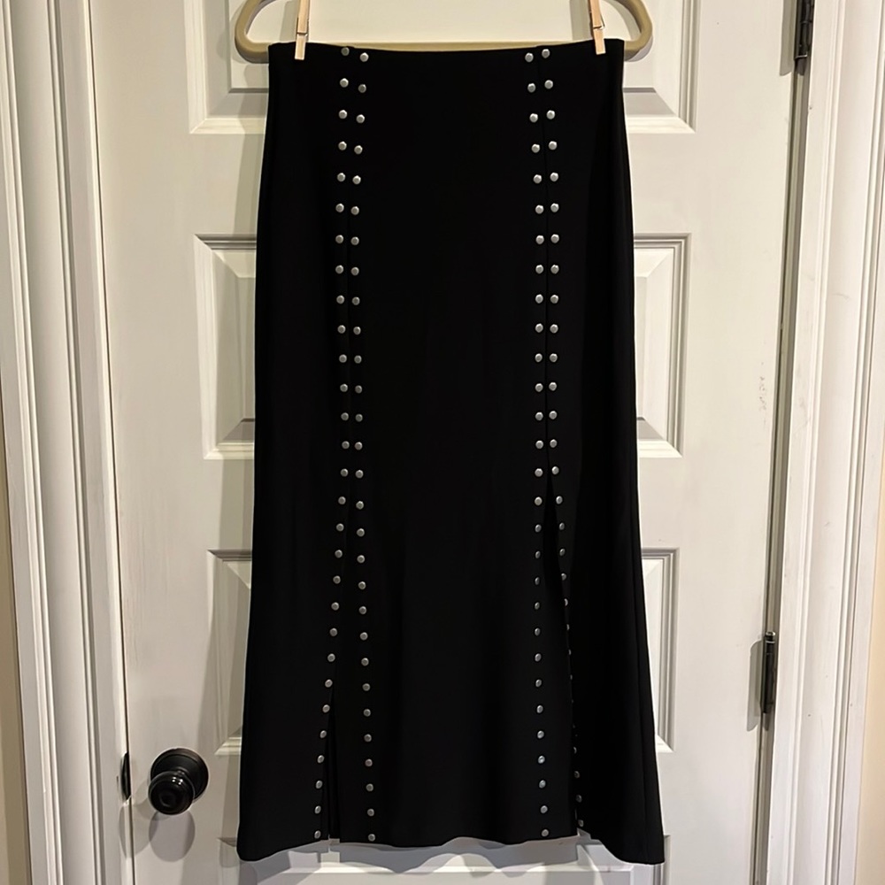 Joseph Ribkoff full length fitted skirt, size 8, w/4 slits and metallic accents.
